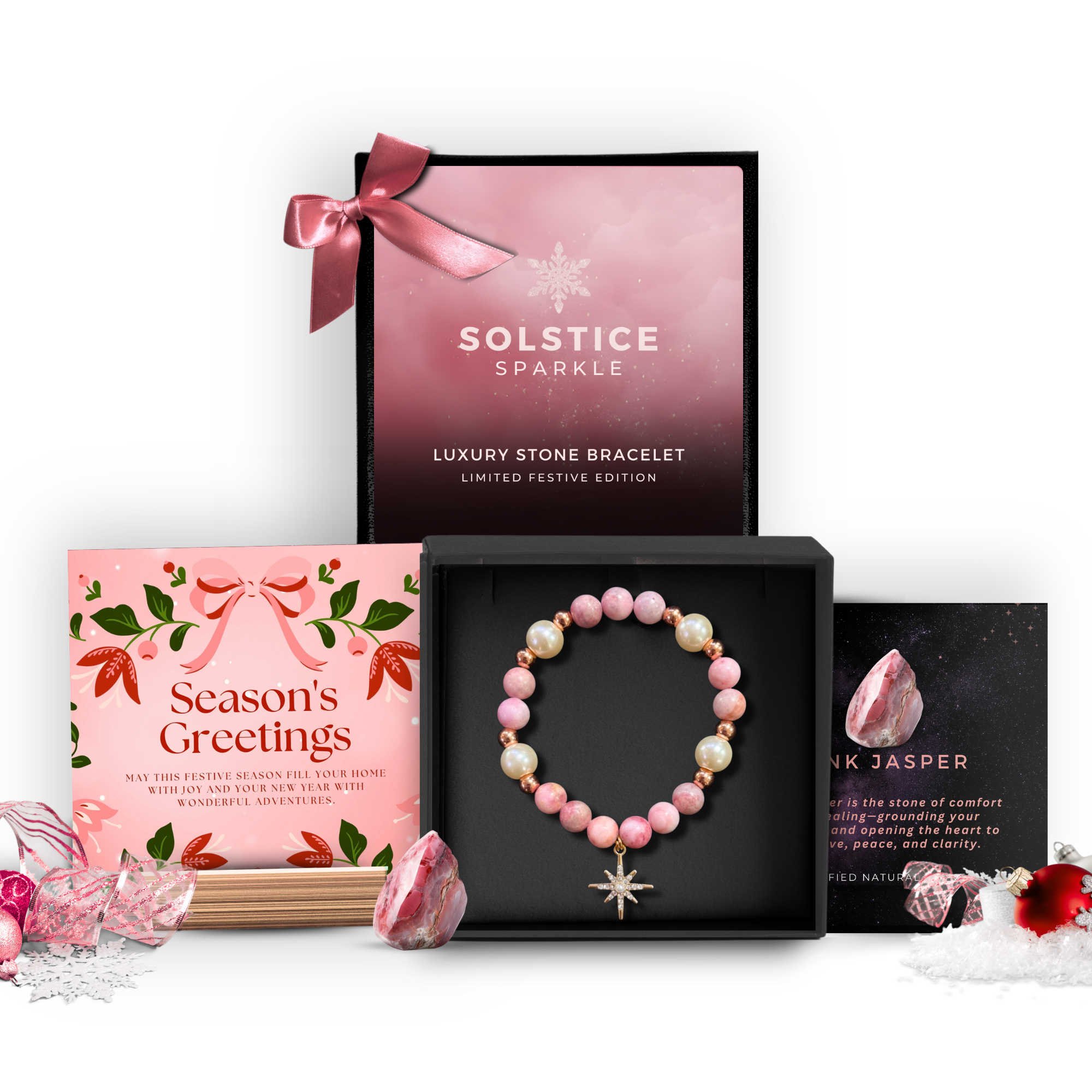 Solstice Sparkle| Pink Jasper Festive Snowflake Bracelet